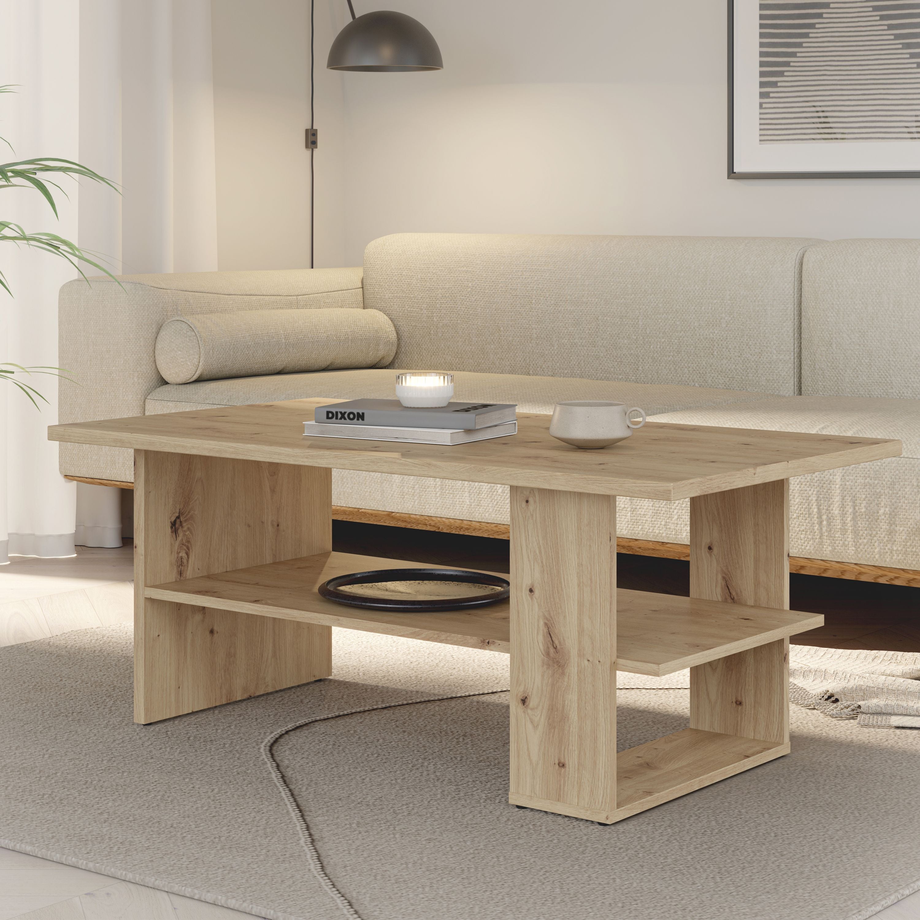 Artisan Rectangular Coffee Table - Oak Finish - 2 Shelves - 110 x 60 x 45 cm
