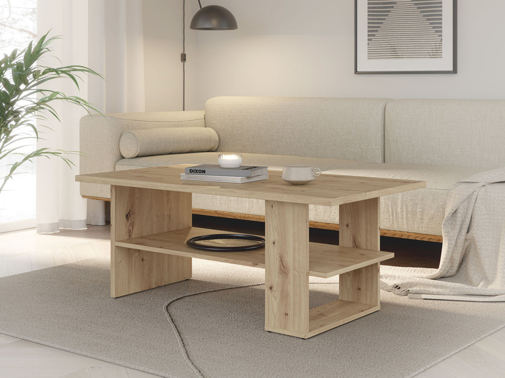 Artisan Rectangular Coffee Table - Oak Finish - 2 Shelves - 110 x 60 x 45 cm