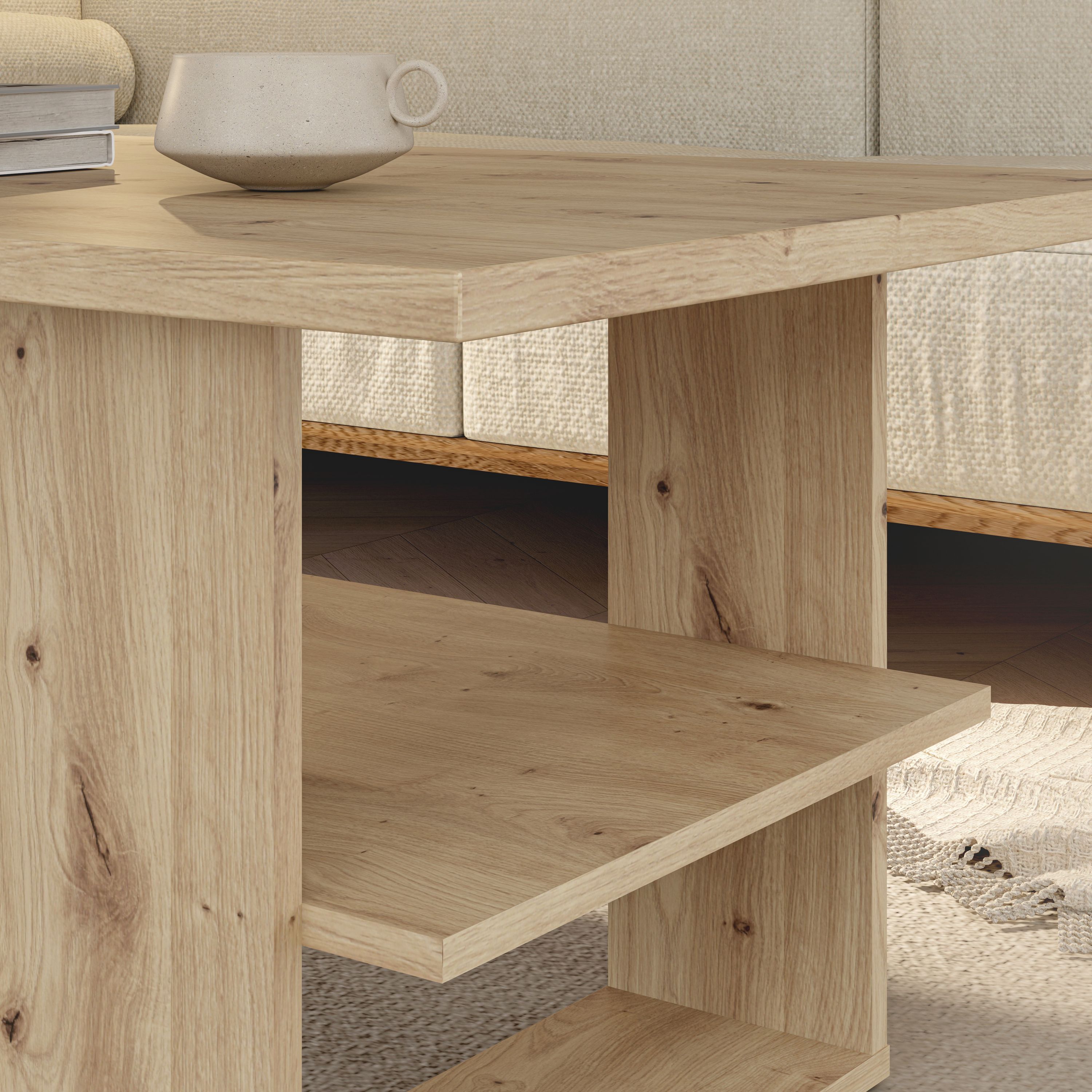 Artisan Rectangular Coffee Table - Oak Finish - 2 Shelves - 110 x 60 x 45 cm