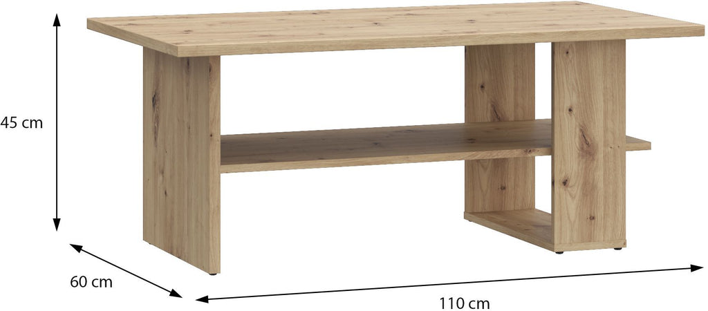 Artisan Rectangular Coffee Table - Oak Finish - 2 Shelves - 110 x 60 x 45 cm