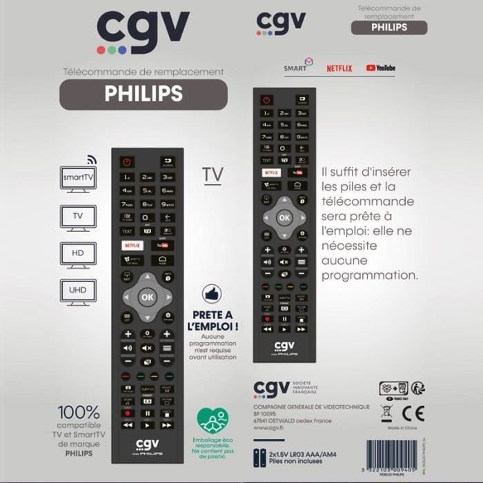 CGV Replacement Remote Control - FIDELIO Philips - For Philips TVs - Ready to Use