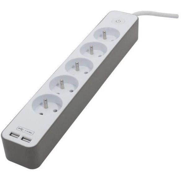 CHACON Power Strip with 5 Outlets and 2 USB Ports, 3500W, 1.5 m Cable, Wall Mount