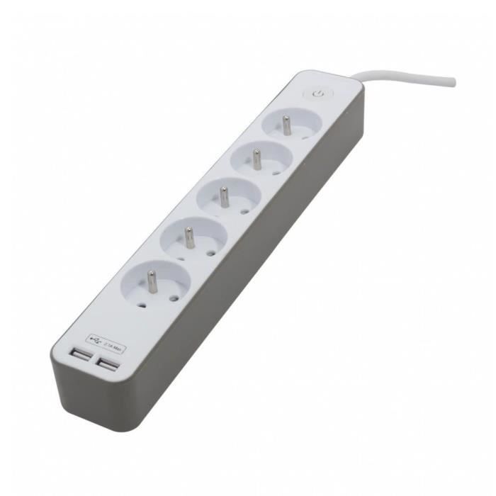 CHACON Power Strip with 5 Outlets and 2 USB Ports, 3500W, 1.5 m Cable, Wall Mount