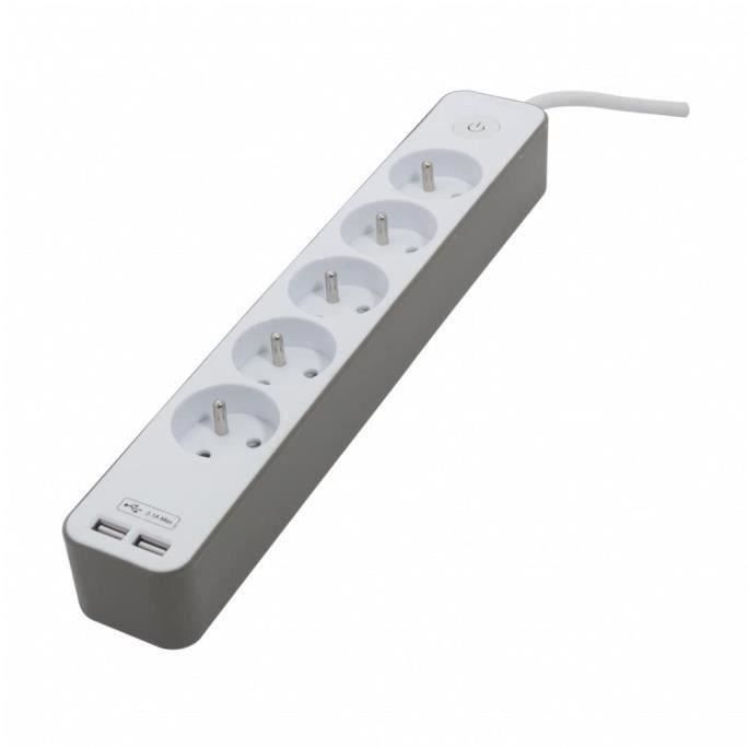 CHACON Power Strip with 5 Outlets and 2 USB Ports, 3500W, 1.5 m Cable, Wall Mount