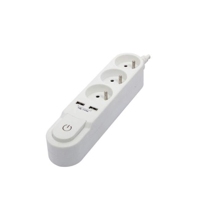 CHACON Power Strip with Switch - 3 x 16A Sockets, 2 x 2A USB Ports, 1.5 m Cable - White