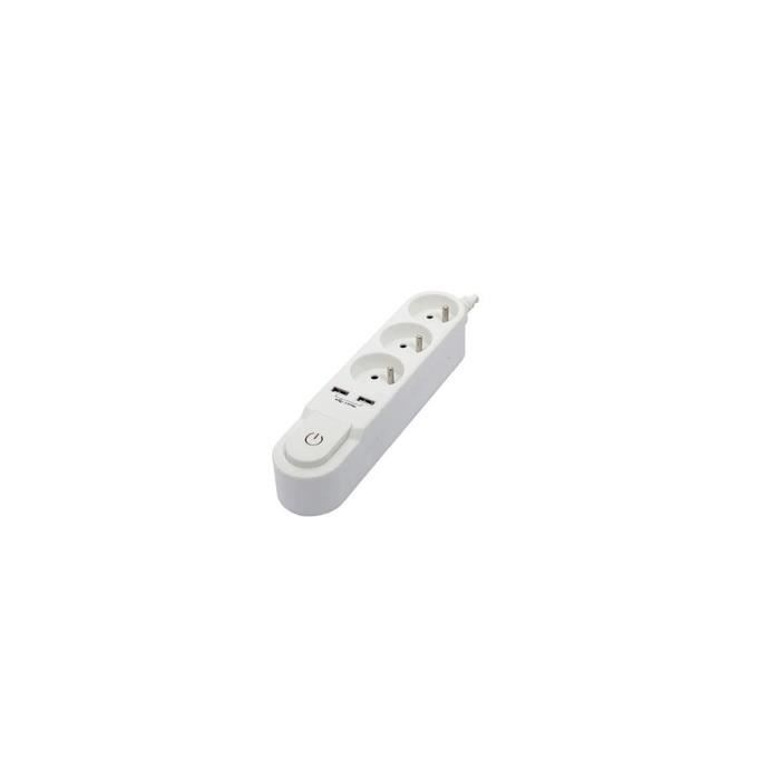 CHACON Power Strip with Switch - 3 x 16A Sockets, 2 x 2A USB Ports, 1.5 m Cable - White