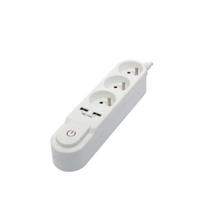 CHACON Power Strip with Switch - 3 x 16A Sockets, 2 x 2A USB Ports, 1.5 m Cable - White
