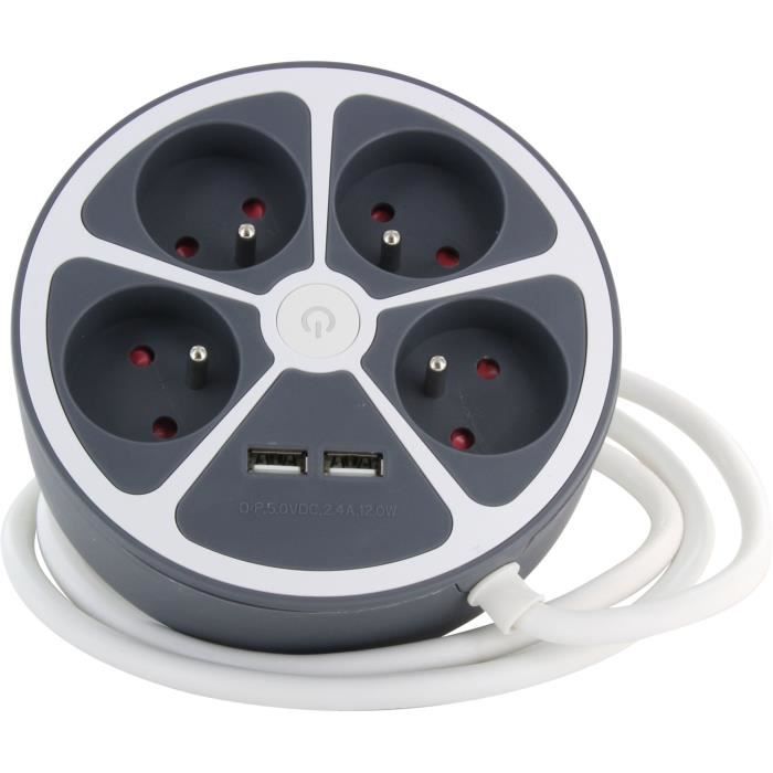 CHACON Circle Block - 4 x 16A + 2 USB - 1.5 m - Grey