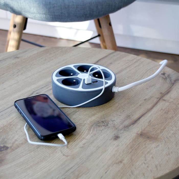 CHACON Circle Block - 4 x 16A + 2 USB - 1.5 m - Grey