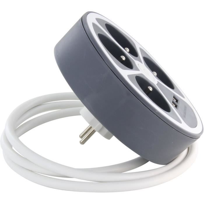CHACON Circle Block - 4 x 16A + 2 USB - 1.5 m - Grey