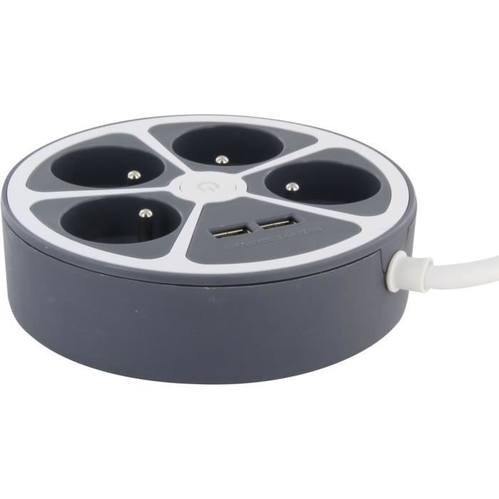 CHACON Circle Block - 4 x 16A + 2 USB - 1.5 m - Grey
