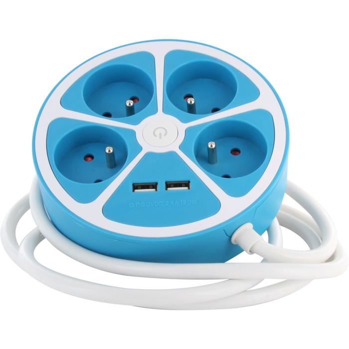 CHACON Circular Design Power Strip - 4 x 16A, 1.5 m Cord, 2 USB-A Ports + Switch - Blue