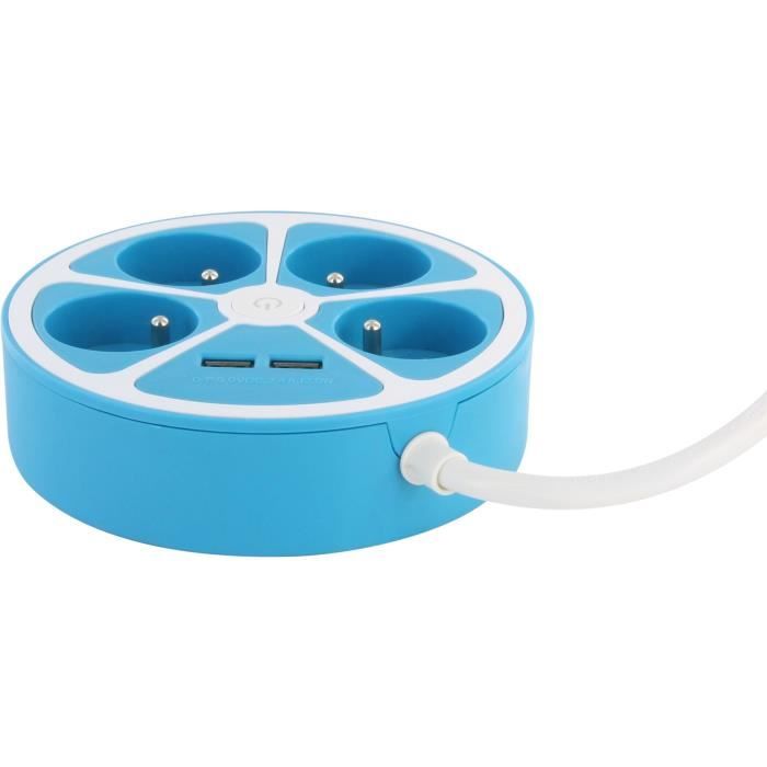 CHACON Circular Design Power Strip - 4 x 16A, 1.5 m Cord, 2 USB-A Ports + Switch - Blue