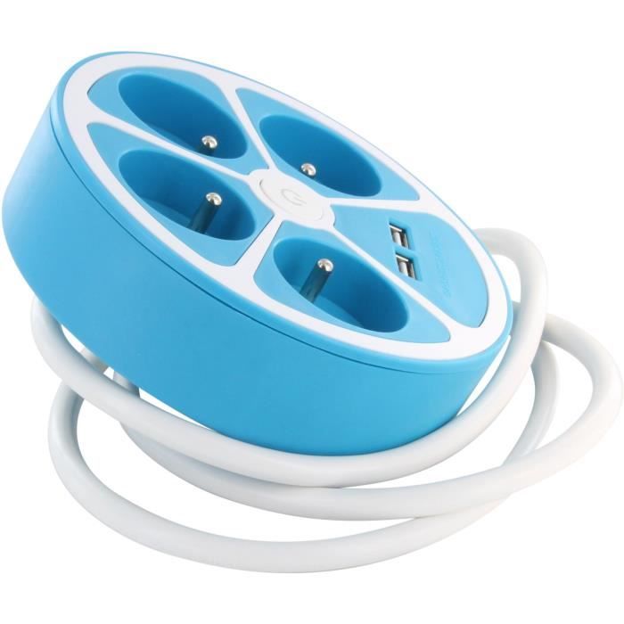 CHACON Circular Design Power Strip - 4 x 16A, 1.5 m Cord, 2 USB-A Ports + Switch - Blue