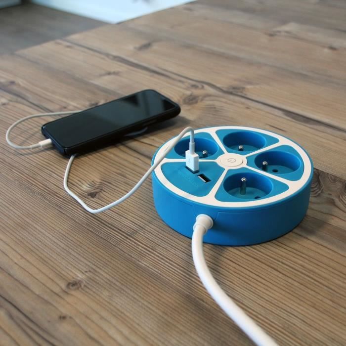 CHACON Circular Design Power Strip - 4 x 16A, 1.5 m Cord, 2 USB-A Ports + Switch - Blue