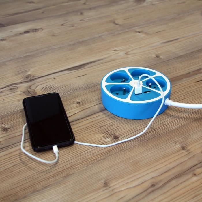 CHACON Circular Design Power Strip - 4 x 16A, 1.5 m Cord, 2 USB-A Ports + Switch - Blue