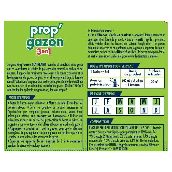 CLAIRLAND Liquid Lawn Fertilizer - Prop'Gazon - 3 in 1 - Concentrated 2.5 L