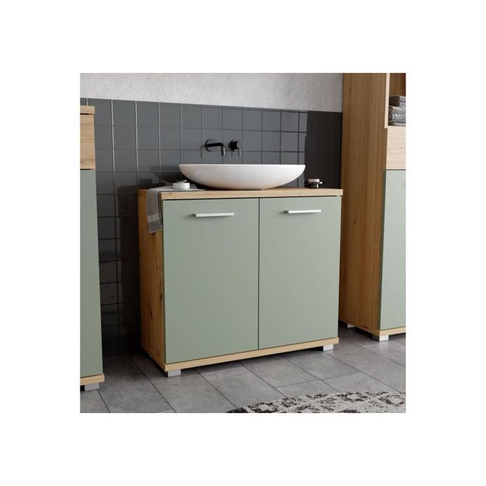 CHAMP Under-Sink Cabinet - W69.9 x D28.9 x H62cm - Oak & Sage Green Finish H62