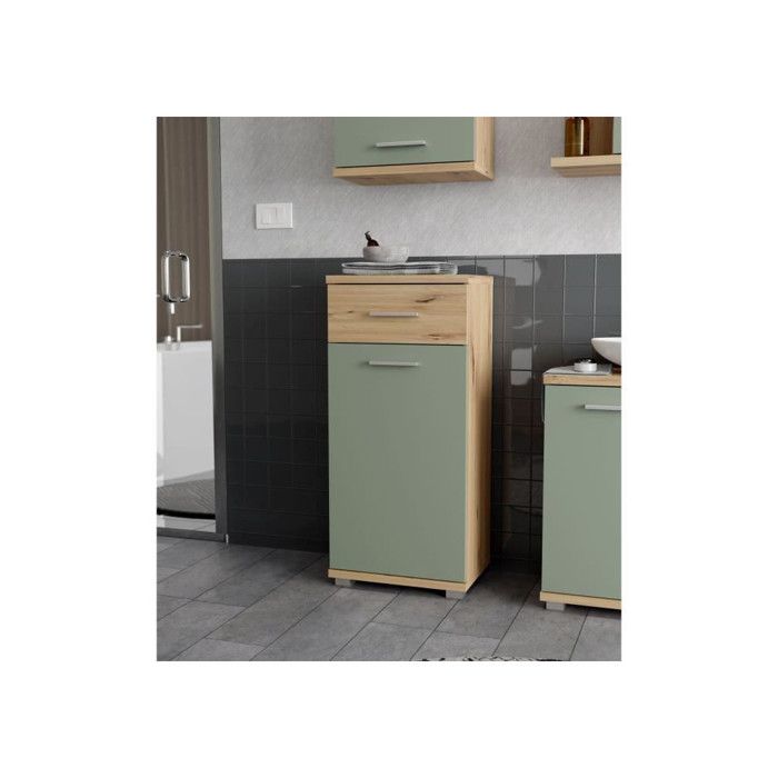 CHAMP Bathroom Vanity Unit - W40.2 x D28.9 x H87.6 cm - Oak and Sage Green Finish