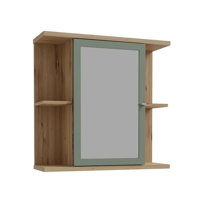 Bathroom Cabinet - Oak and Sage Green Decor - Door - Mirror - Shelves - W69.9 x D23.2 x H68.8 cm