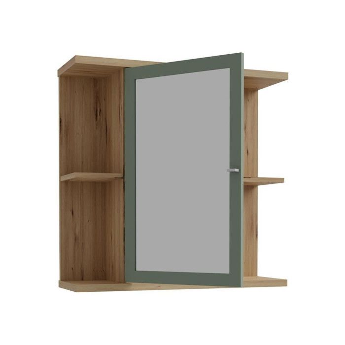 Bathroom Cabinet - Oak and Sage Green Decor - Door - Mirror - Shelves - W69.9 x D23.2 x H68.8 cm