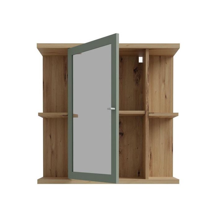 Bathroom Cabinet - Oak and Sage Green Decor - Door - Mirror - Shelves - W69.9 x D23.2 x H68.8 cm