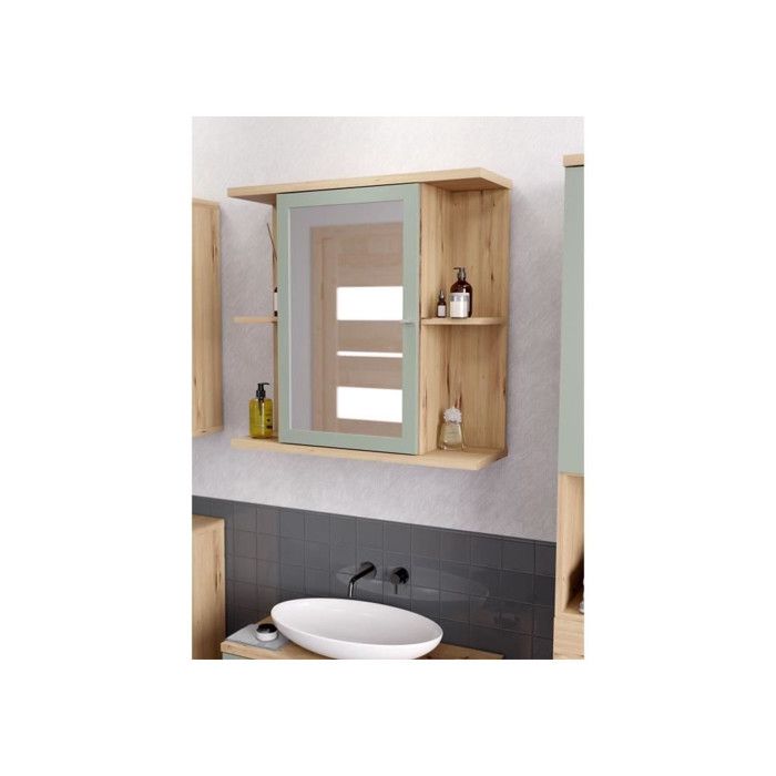 Bathroom Cabinet - Oak and Sage Green Decor - Door - Mirror - Shelves - W69.9 x D23.2 x H68.8 cm