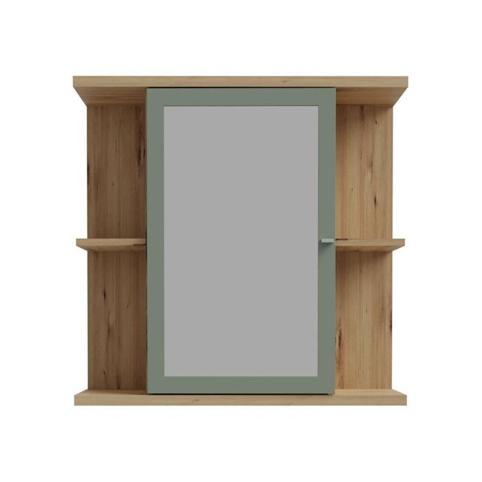 Bathroom Cabinet - Oak and Sage Green Decor - Door - Mirror - Shelves - W69.9 x D23.2 x H68.8 cm
