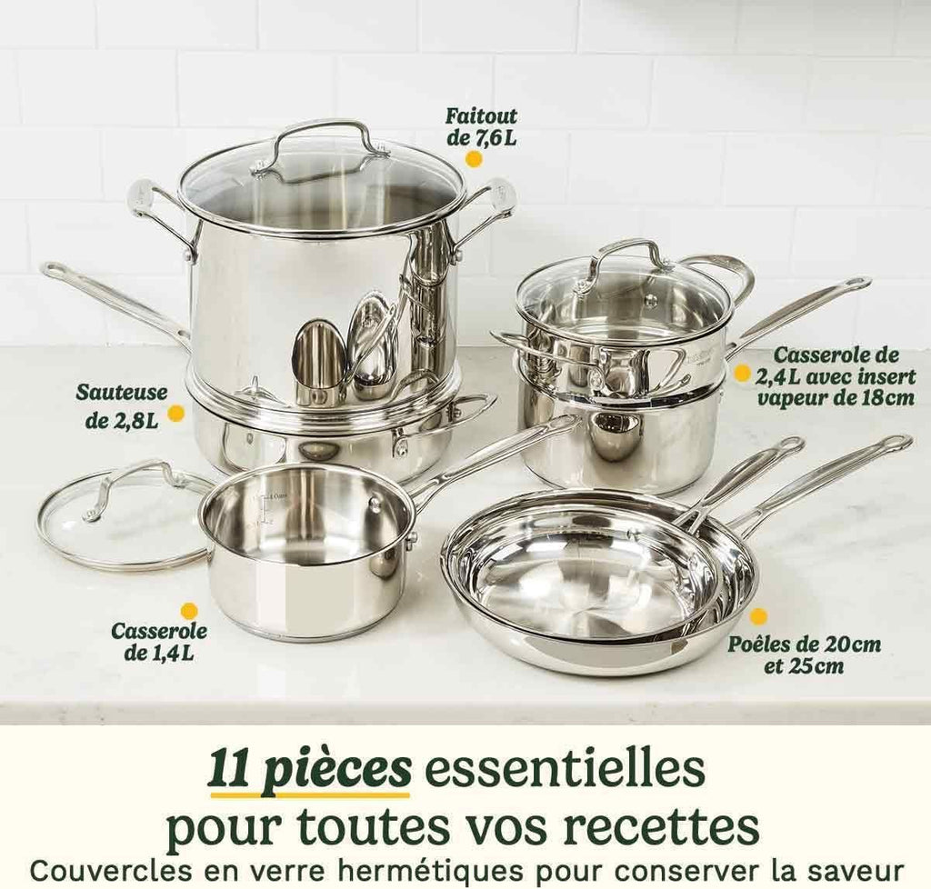 CUISINART Cookware Set - 11 Pieces - Stainless Steel - Suitable for All Hobs Including Induction - Model 77-11 G