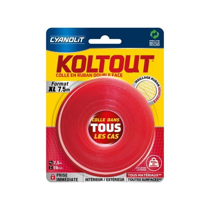 CYANOLIT Double-sided Adhesive Tape - Koltout XL - 7.5 m x 19 mm - High Adhesion - Discreet and Durable