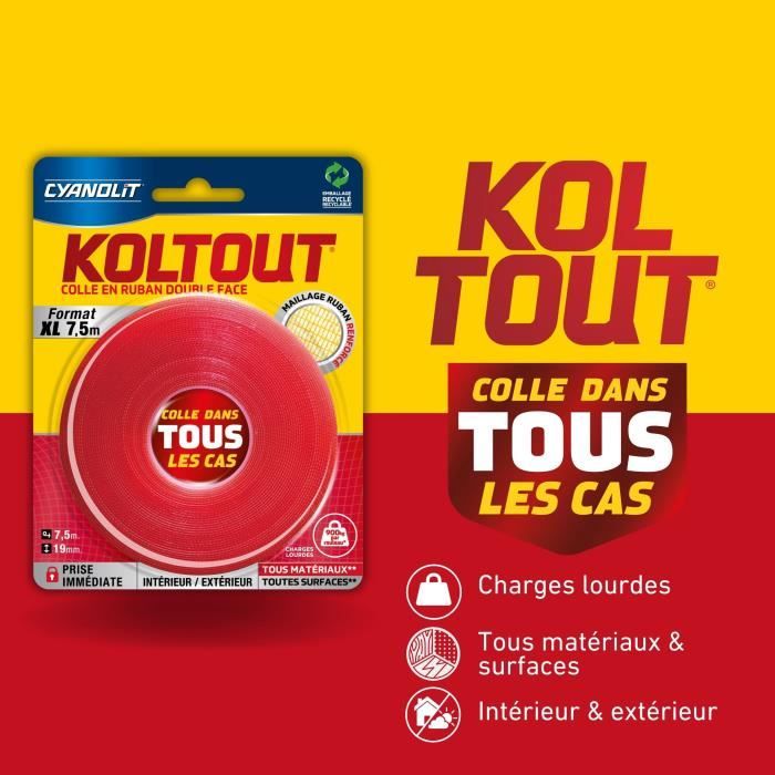 CYANOLIT Double-sided Adhesive Tape - Koltout XL - 7.5 m x 19 mm - High Adhesion - Discreet and Durable