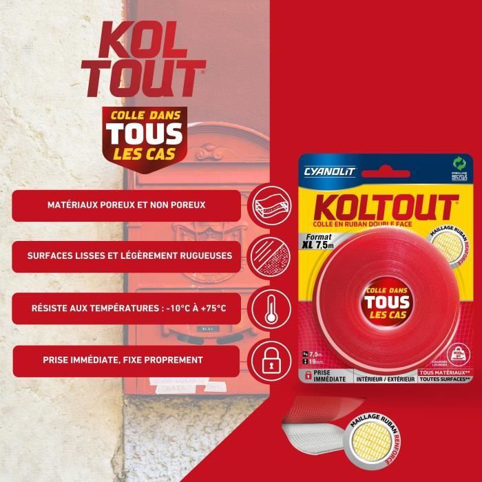 CYANOLIT Double-sided Adhesive Tape - Koltout XL - 7.5 m x 19 mm - High Adhesion - Discreet and Durable
