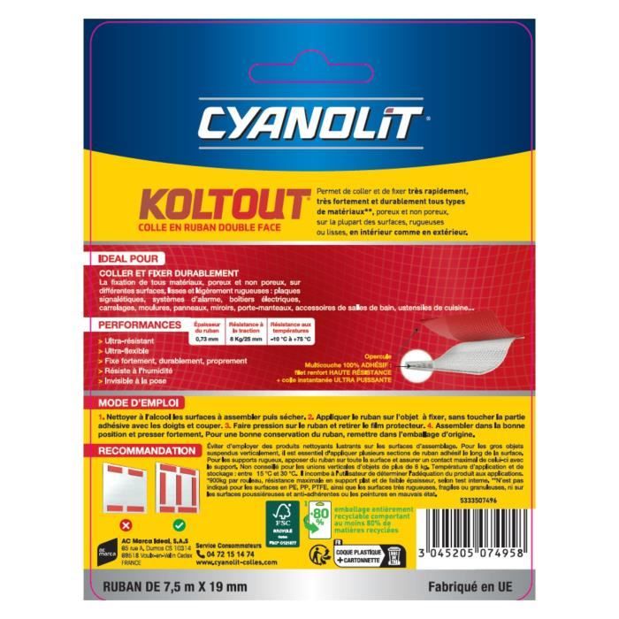 CYANOLIT Double-sided Adhesive Tape - Koltout XL - 7.5 m x 19 mm - High Adhesion - Discreet and Durable