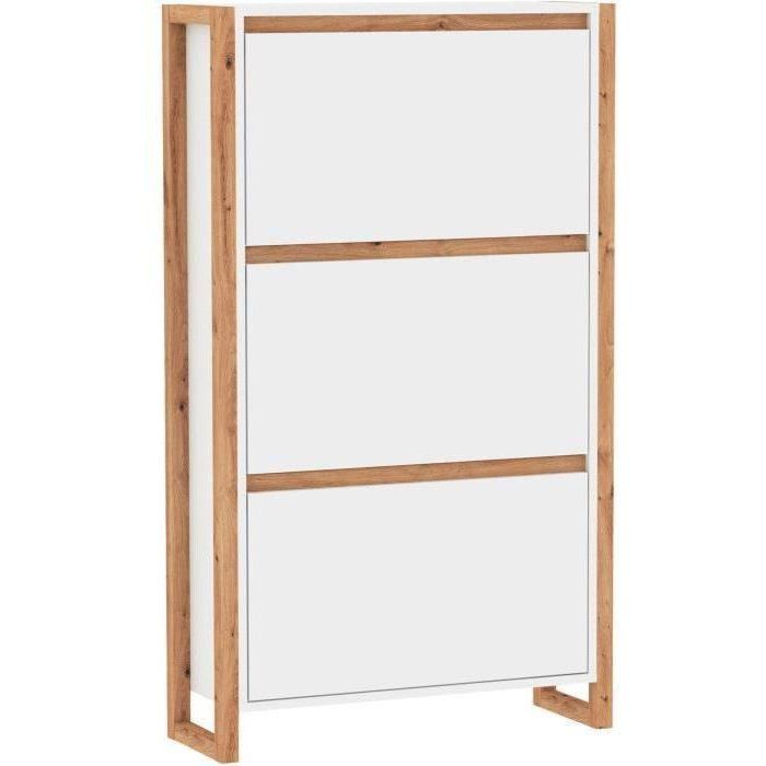 DENVER Shoe Cabinet - White and Oak - 12 Pairs - W70 x D25 x H125 cm