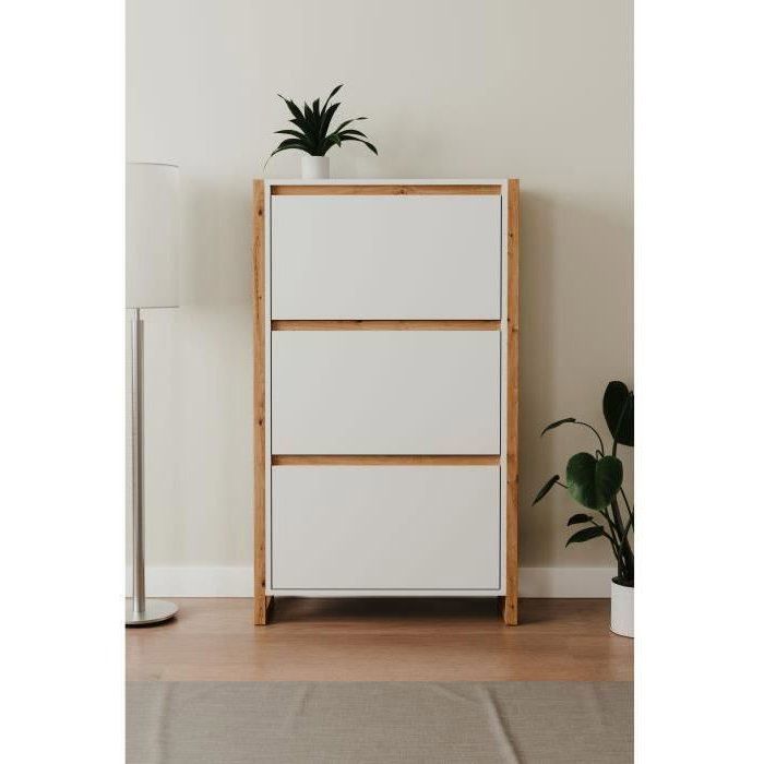 DENVER Shoe Cabinet - White and Oak - 12 Pairs - W70 x D25 x H125 cm