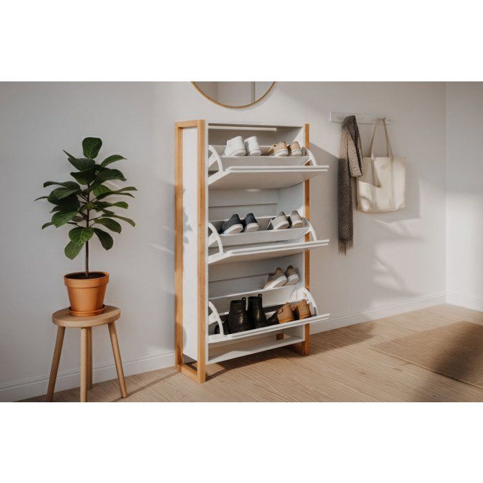 DENVER Shoe Cabinet - White and Oak - 12 Pairs - W70 x D25 x H125 cm