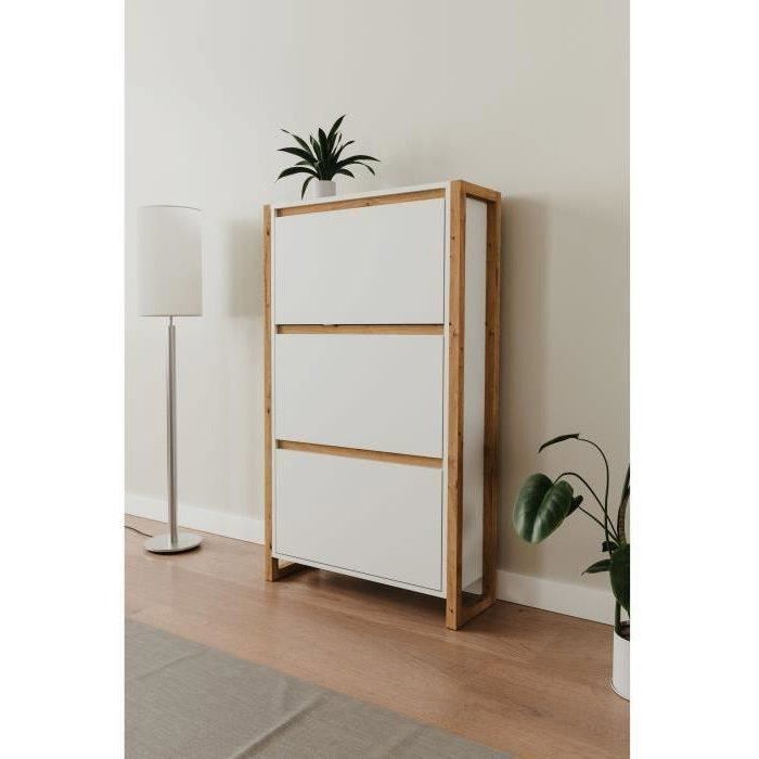 DENVER Shoe Cabinet - White and Oak - 12 Pairs - W70 x D25 x H125 cm