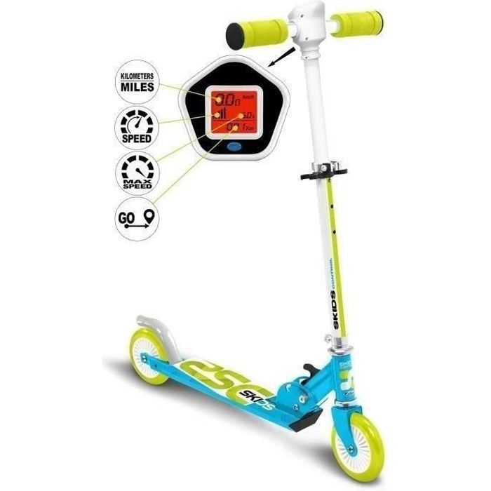 Skids Control Folding Scooter - Blue - Speedometer - Adjustable Height - Non-Slip Deck