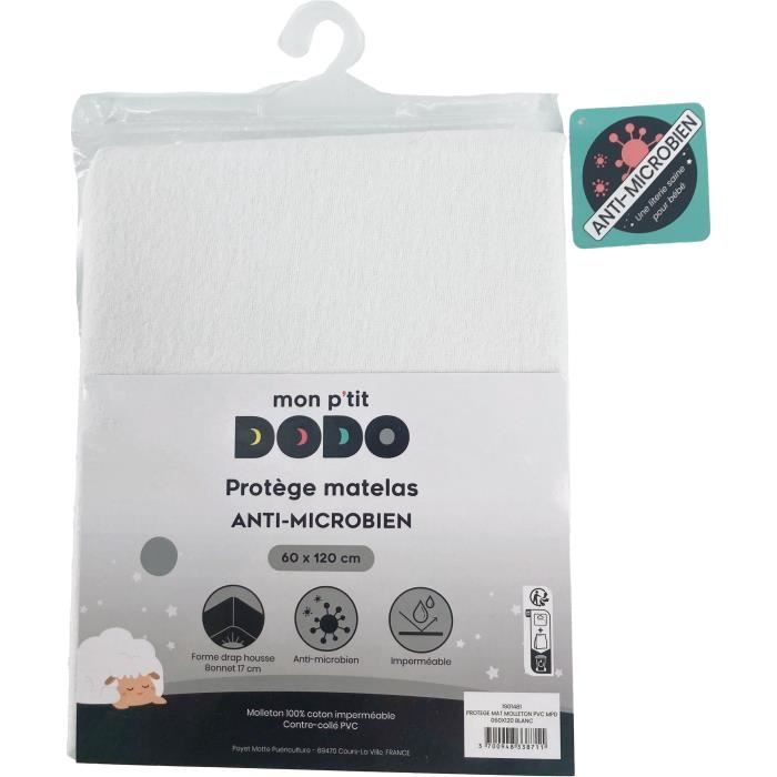 MON P'TIT DODO Waterproof Mattress Protector - 1901481 - PVC Fleece - Antimicrobial - 60 x 120 cm