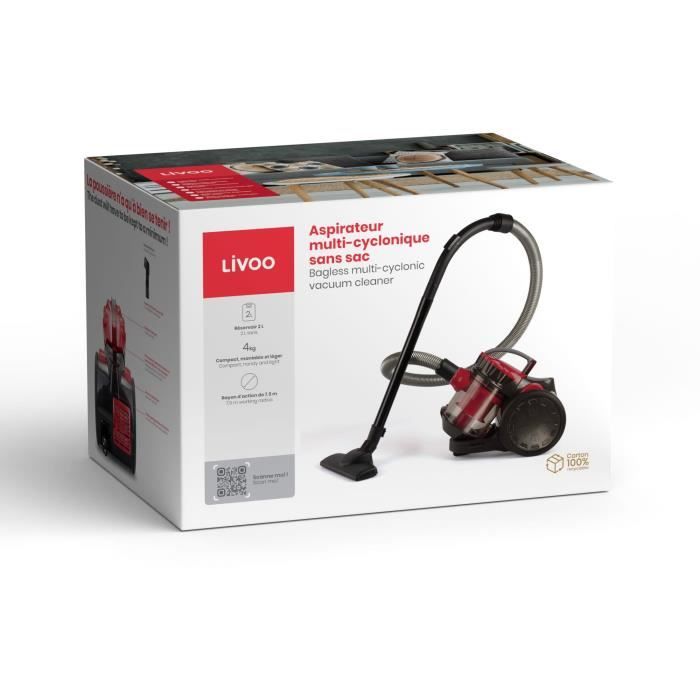 LIVOO Bagless Multi-Cyclonic Vacuum Cleaner - 700 W - 2 L - 78 dB - Red/Black - DOH105R