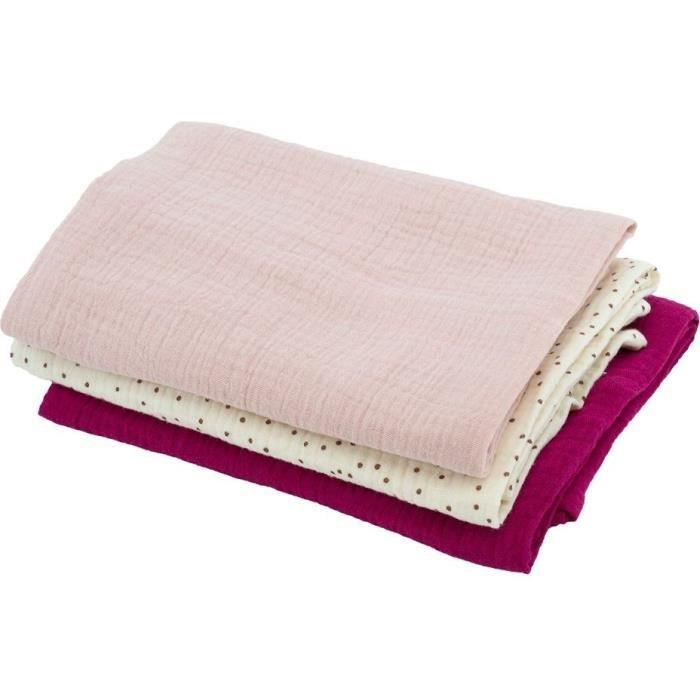 DOMIVA Set of 3 Bamboo Muslin Squares - 1 Printed + 2 Plain - Grenadine Pink - 60x60 cm