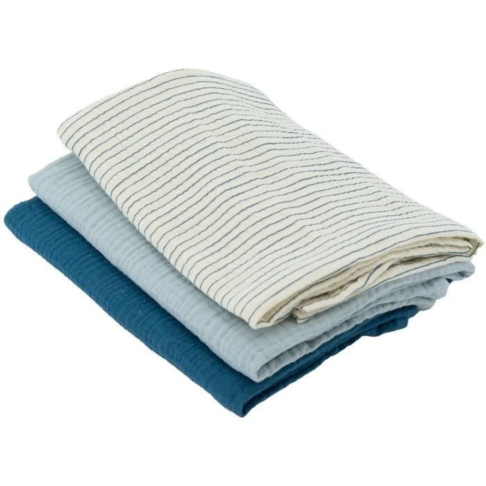 DOMIVA Set of 3 Bamboo Muslin Squares - 1 Printed + 2 Plain - Indigo Blue - 60x60 cm