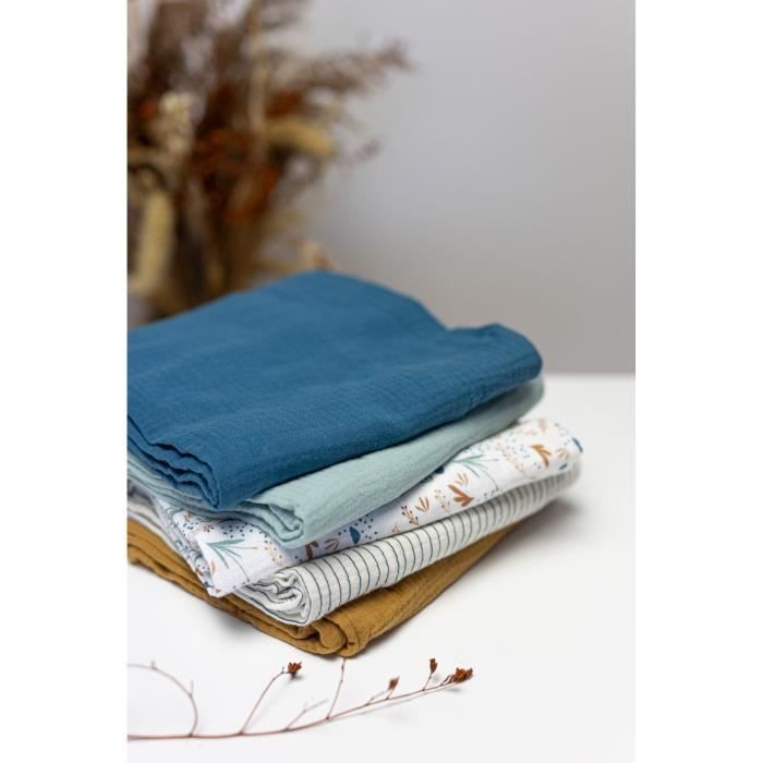 DOMIVA Set of 3 Bamboo Muslin Squares - 1 Printed + 2 Plain - Indigo Blue - 60x60 cm