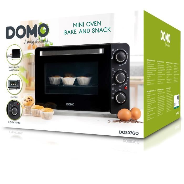 DOMO Mini Electric Oven - DO807GO - 20 L - Black - Top and Bottom Heat - 120 min Timer - 1300W