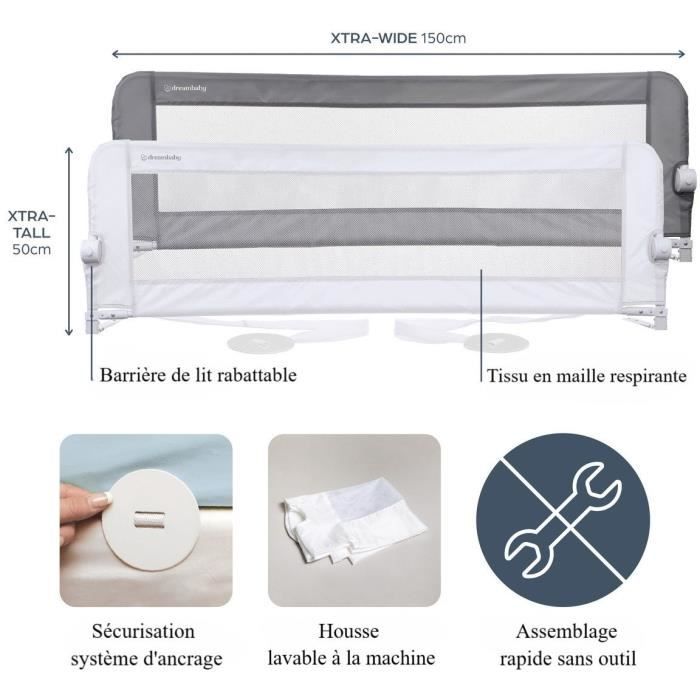 Dreambaby Nicole Bed Rail 150 cm - For Built-in and Flat Beds - 50 cm High - Grey