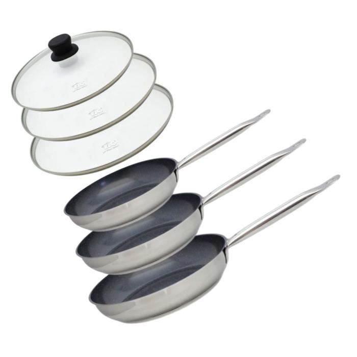 ELO Set of 3 Induction Frying Pans with Glass Lids - Professional - 18/10 ELODUR Stainless Steel - Ø 24-28-32 cm