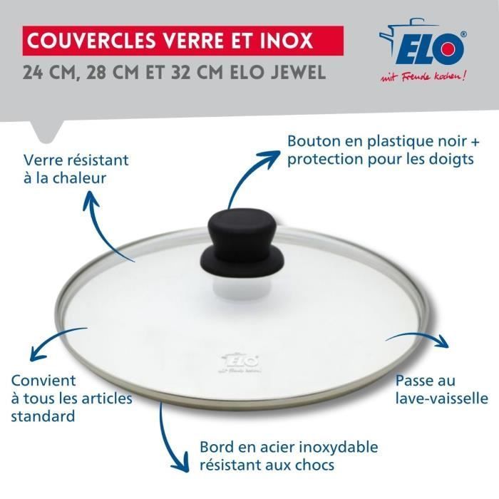 ELO Set of 3 Induction Frying Pans with Glass Lids - Professional - 18/10 ELODUR Stainless Steel - Ø 24-28-32 cm