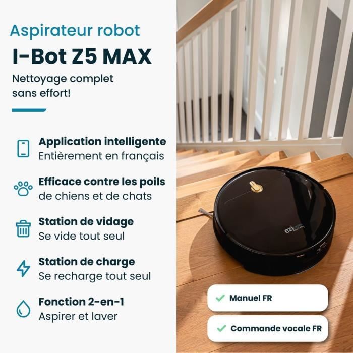 EZICLEAN I-Bot Z5 - Connected Robot Vacuum Cleaner and Mop - 75 min Runtime - 0.25 L Dustbin 2.6Speed 60-90m2