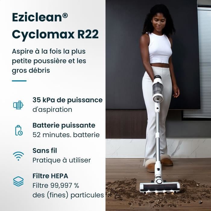 EZICLEAN Cyclomax R22 Cordless Stick Vacuum Cleaner - 52 Min Runtime - 500 W - 35 kPa - White