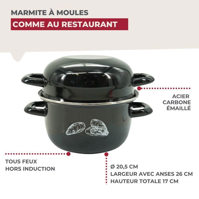 Marmite a moules émaillée - Tous feux dont induction - FACKELMANN - 20,5 x 26 x 17,5 cm - Noir